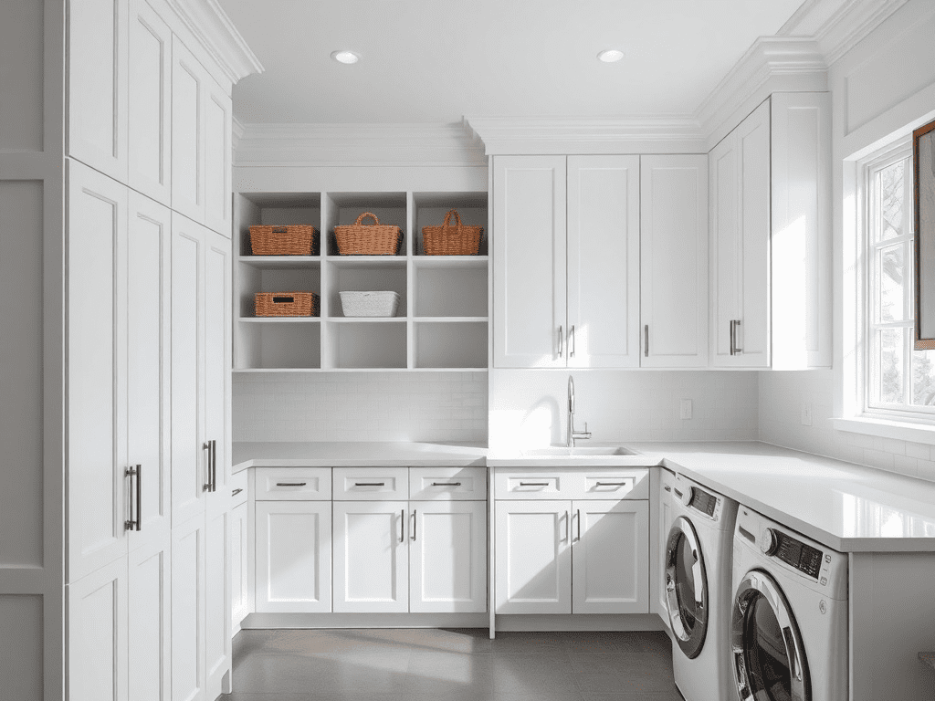 Laundry room with white storage cabinets and open shelving
