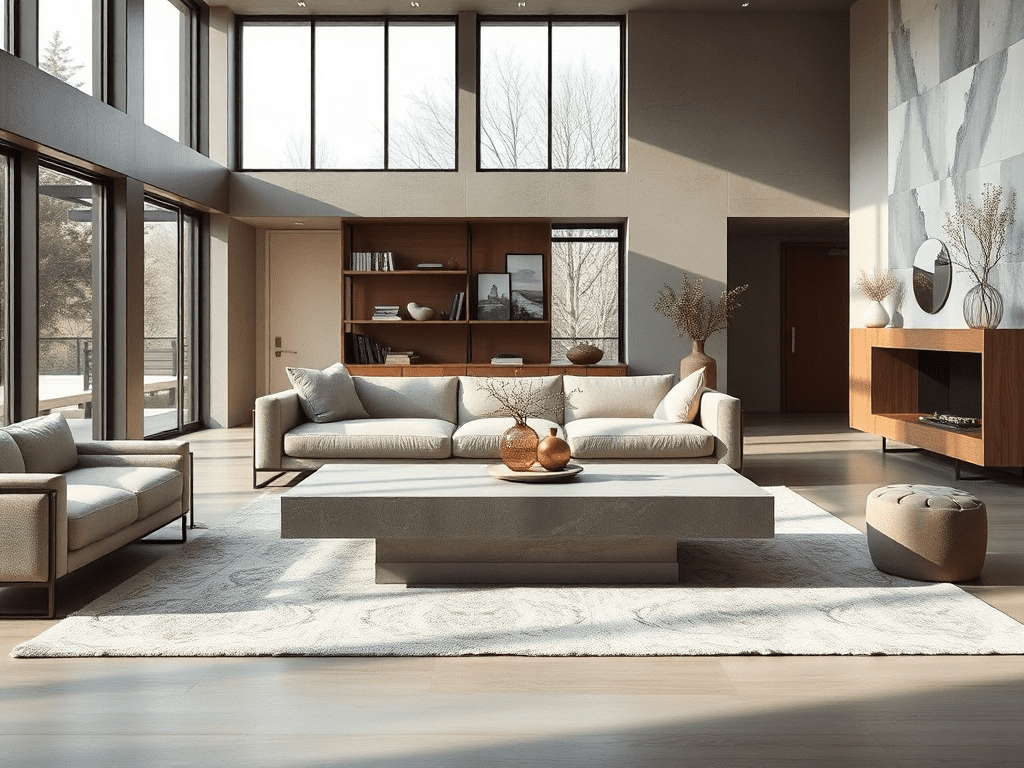 Living room with concrete coffee table and minimalist design