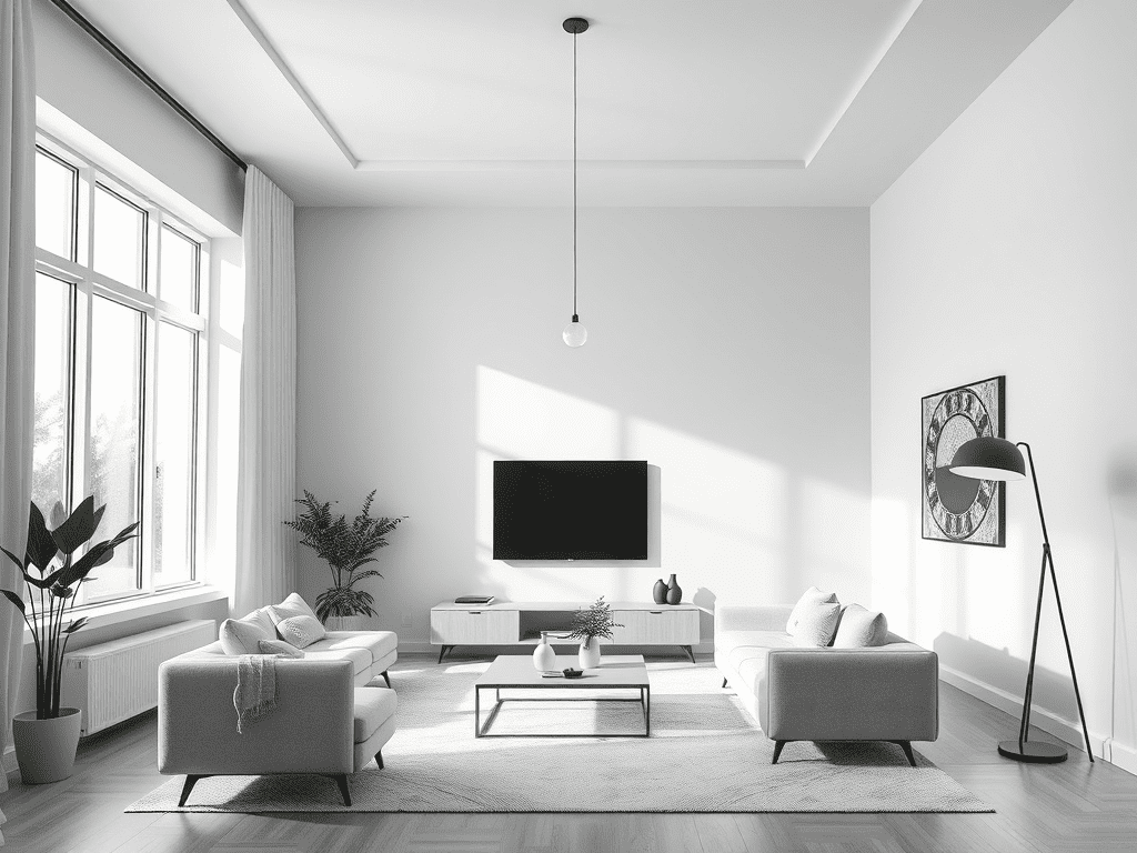 Living room with layered natural and artificial lighting