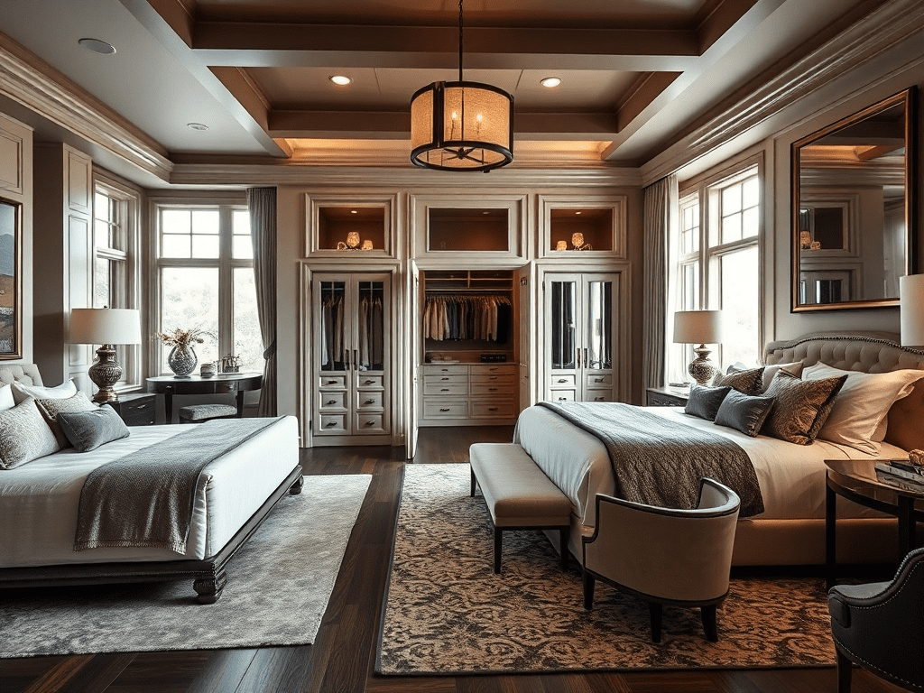 Luxurious master bedroom suite with rich jewel tones