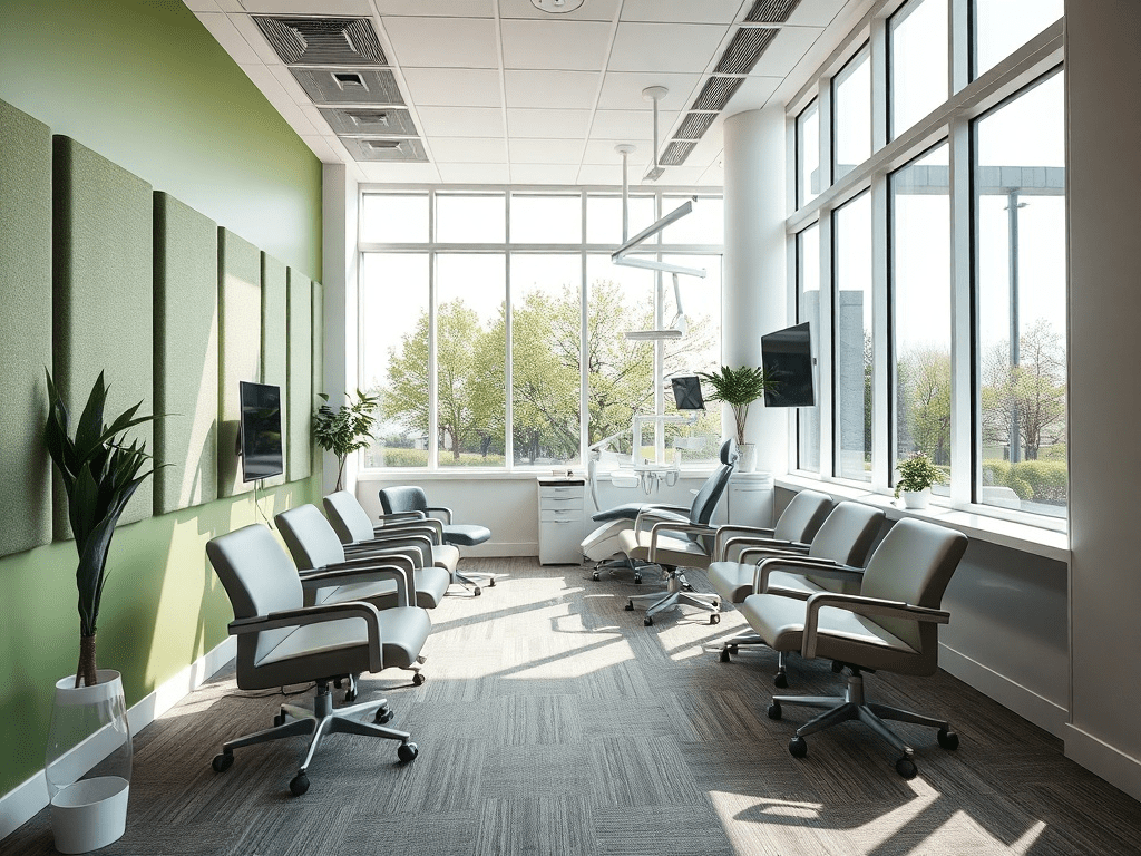 Modern dental office waiting area with green and white color scheme