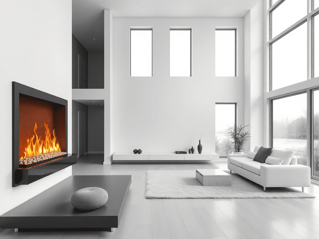 Modern living room with electric fireplace and minimalist design