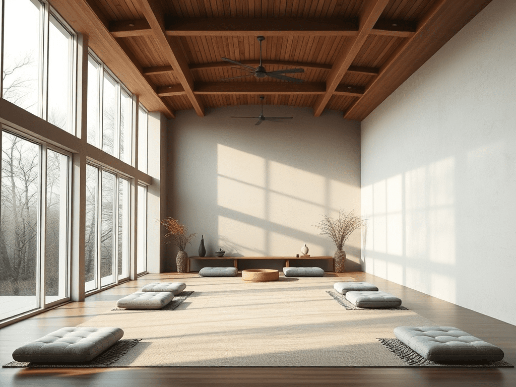 Modern meditation room with earth tones and natural light
