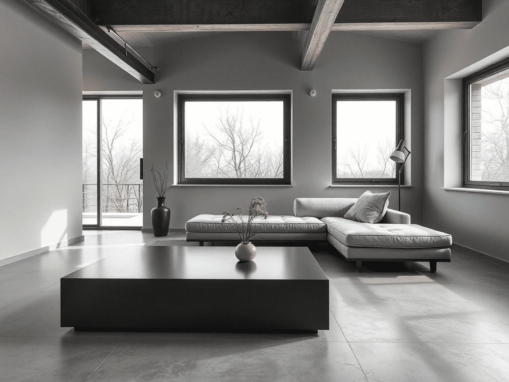 Modern minimalist sunroom with concrete floors and metal accents