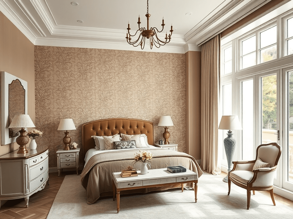 Modern Victorian bedroom with velvet headboard and patterned wallpaper