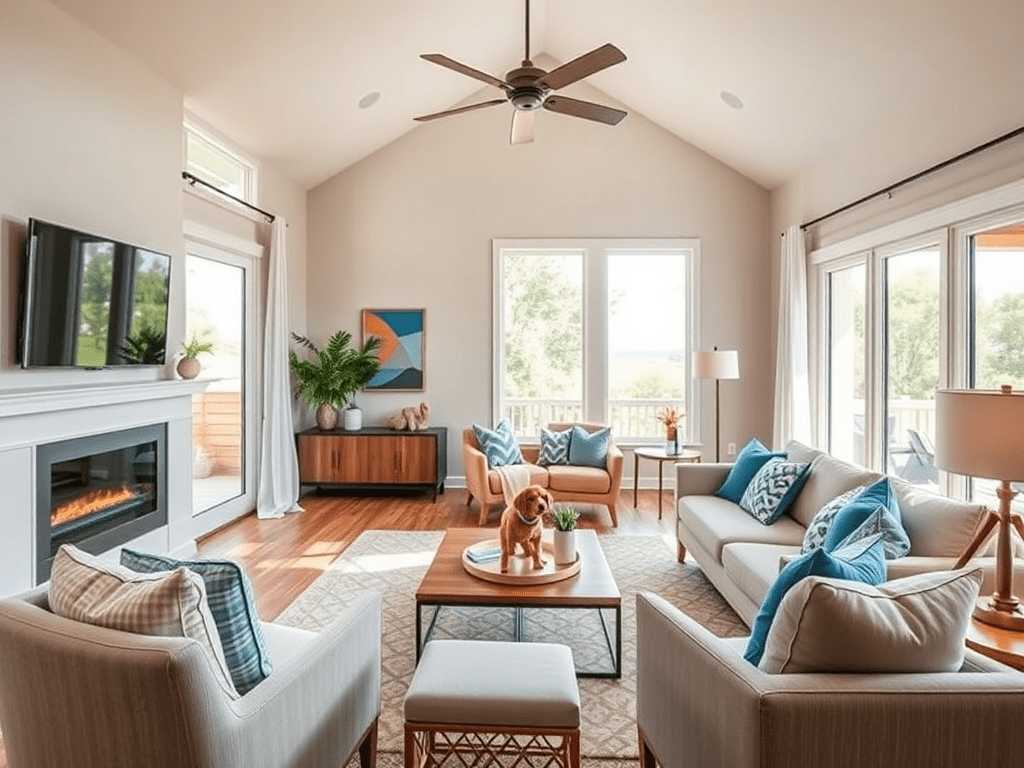 Pet-friendly living room with durable fabrics and easy-to-clean surfaces