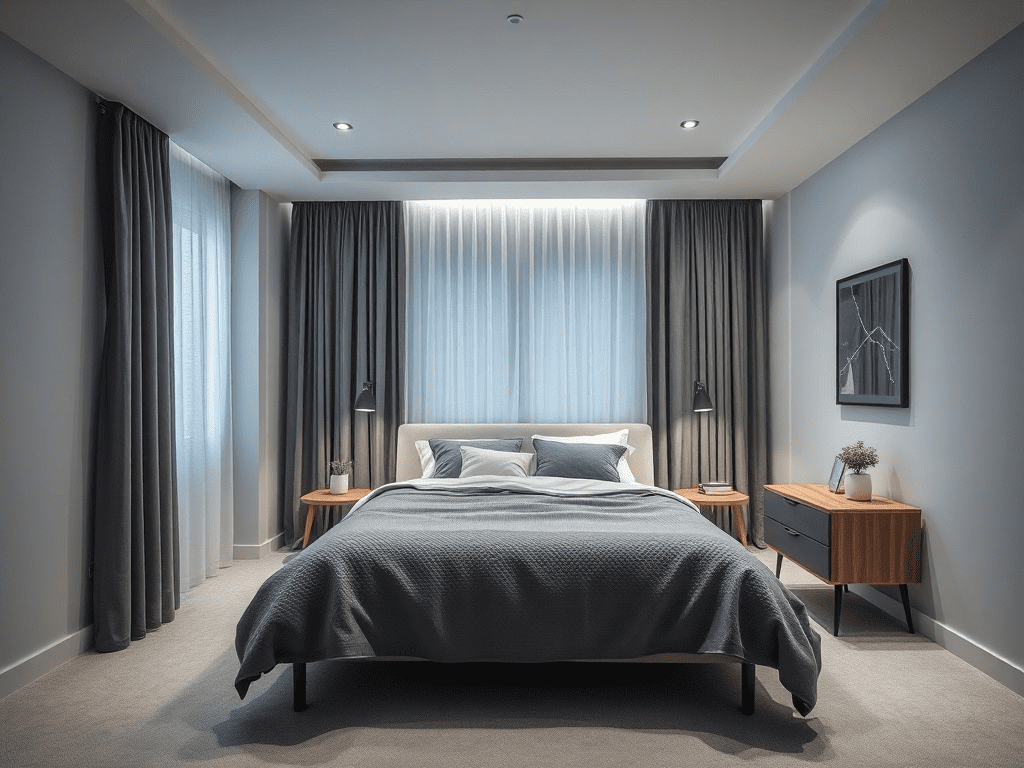 Serene bedroom with minimalist design and calming color palette.