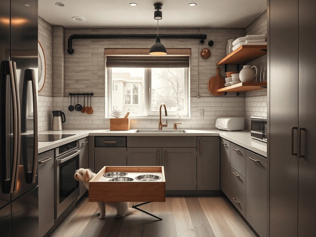 Small apartment kitchen with hidden pet feeding station