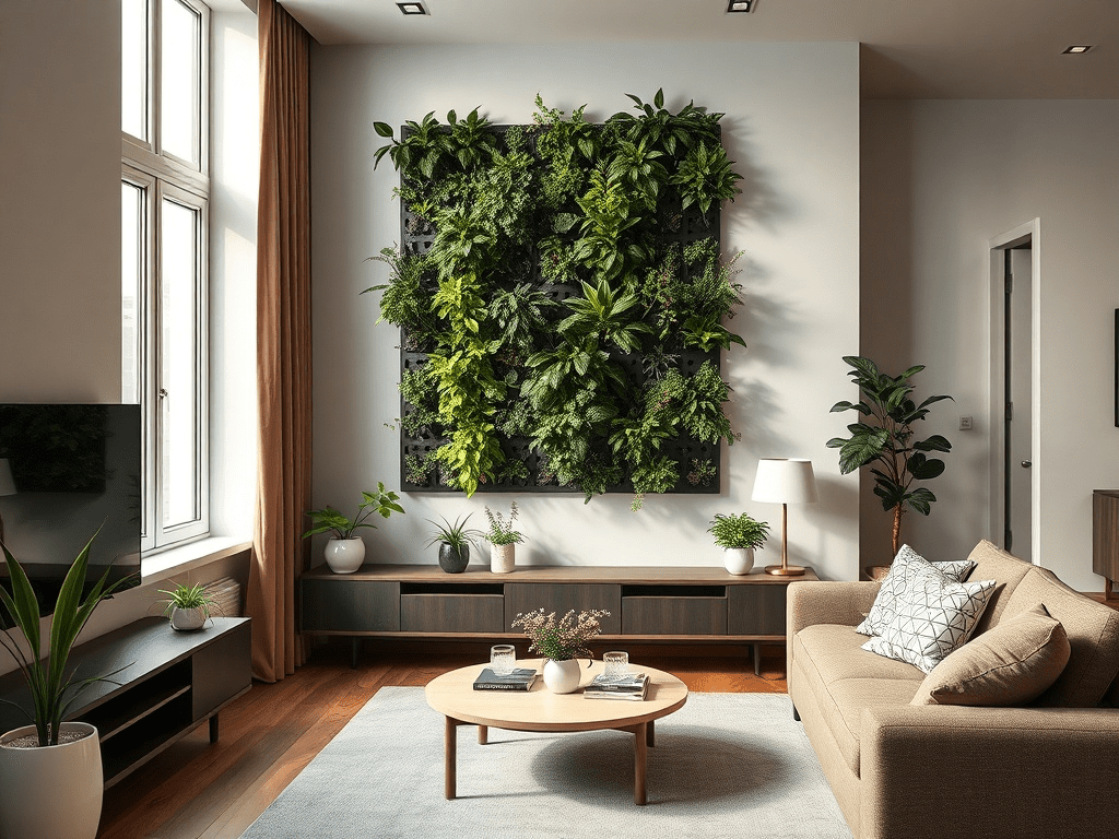 Small apartment living room with wall-mounted modular vertical garden