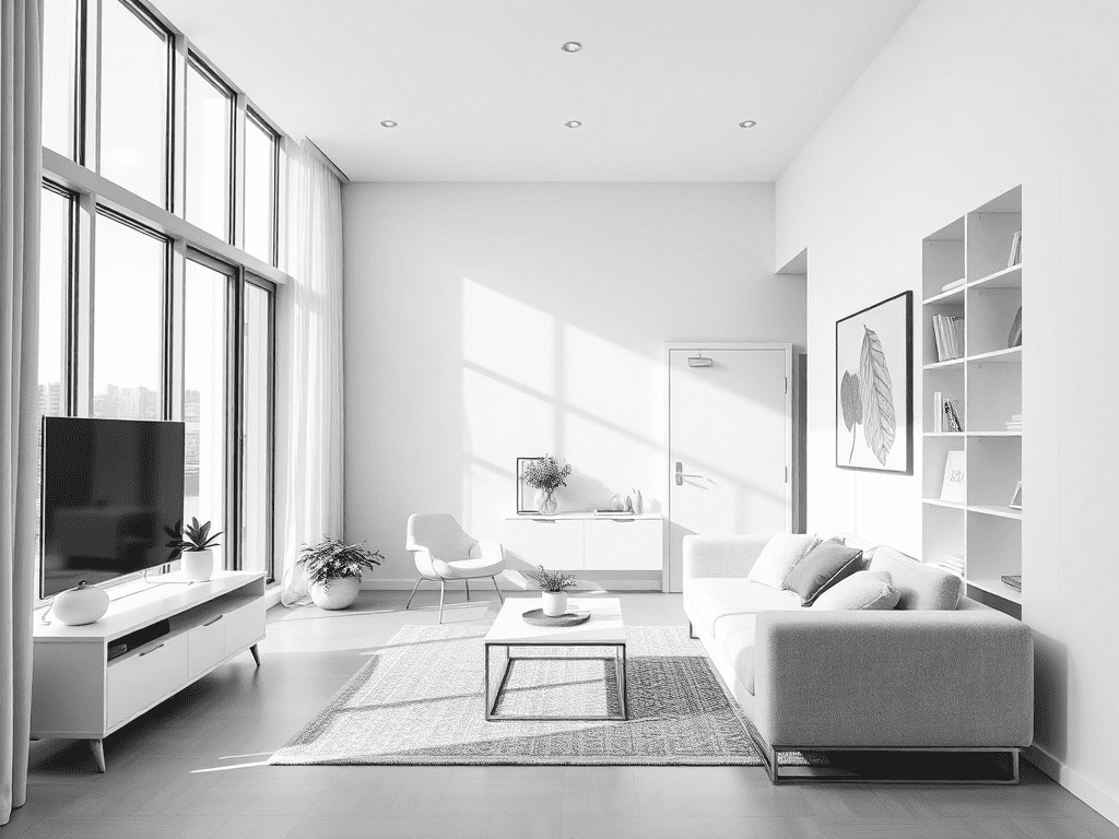 Small senior living apartment with minimalist design and multifunctional furniture