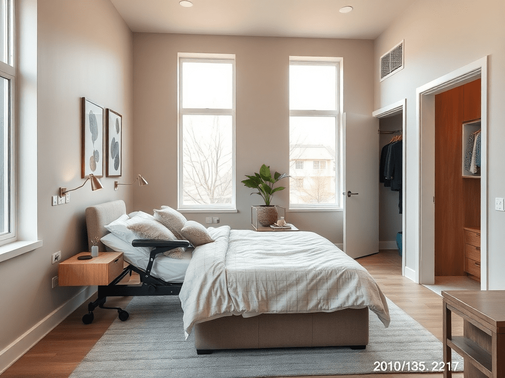 Accessible bedroom with adjustable bed and walk-in closet