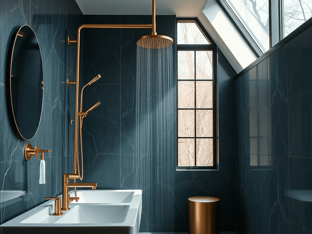 Bathroom with brushed brass fixtures and stainless steel showerhead