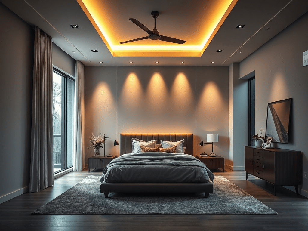 Bedroom with accent lighting and jewel-toned color scheme