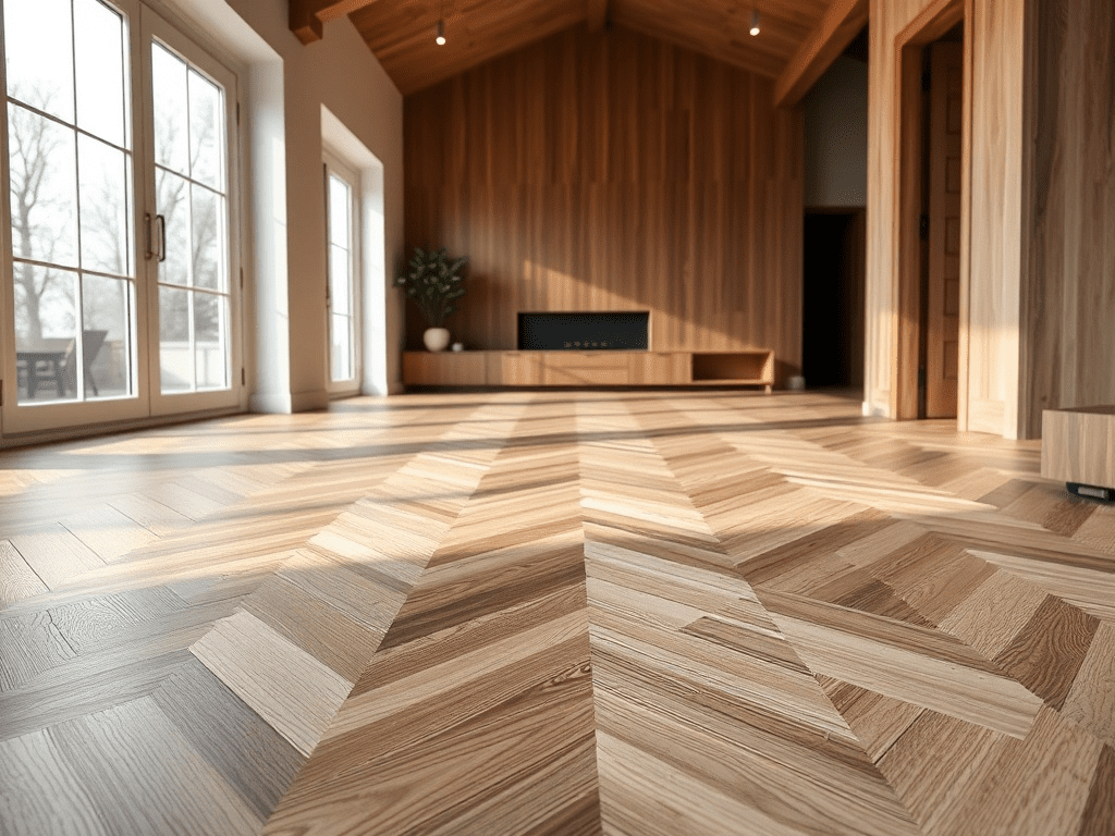 Close-up of a sanded and finished herringbone wood floor