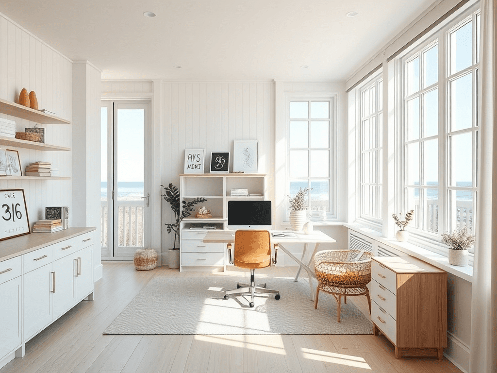 Coastal home office with light colors and natural wood