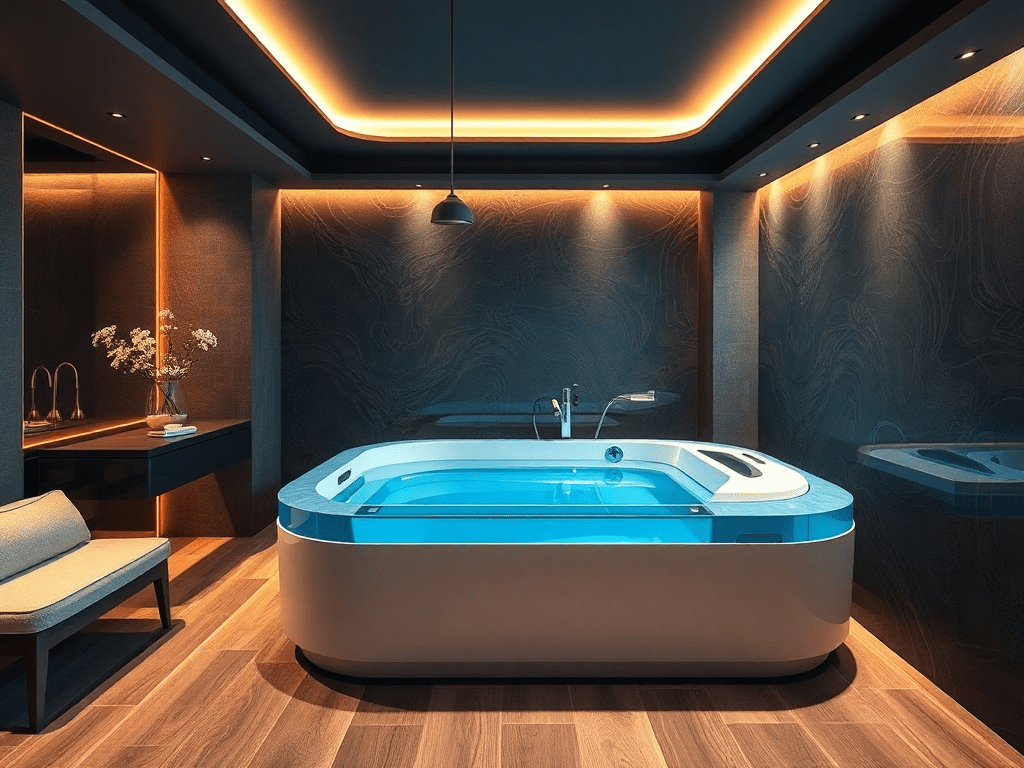 Luxurious sensory deprivation room with modern float tank and jewel-toned accents