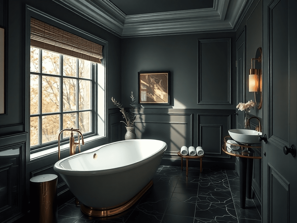 Luxurious small bathroom with freestanding bathtub and jewel tones