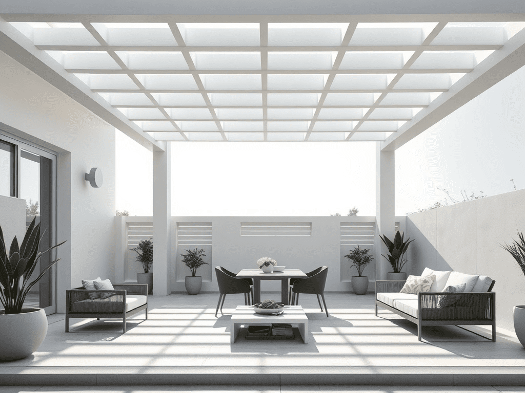 Modern outdoor patio with pergola and minimalist design