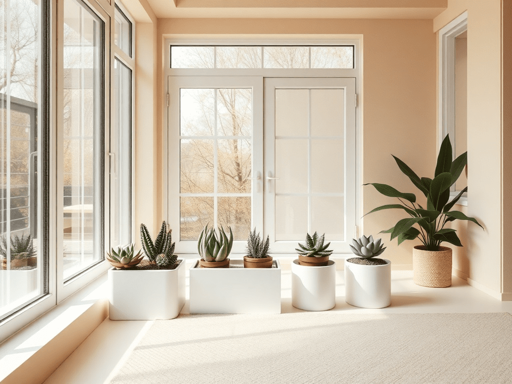 Succulents in minimalist planters on a sunroom windowsill