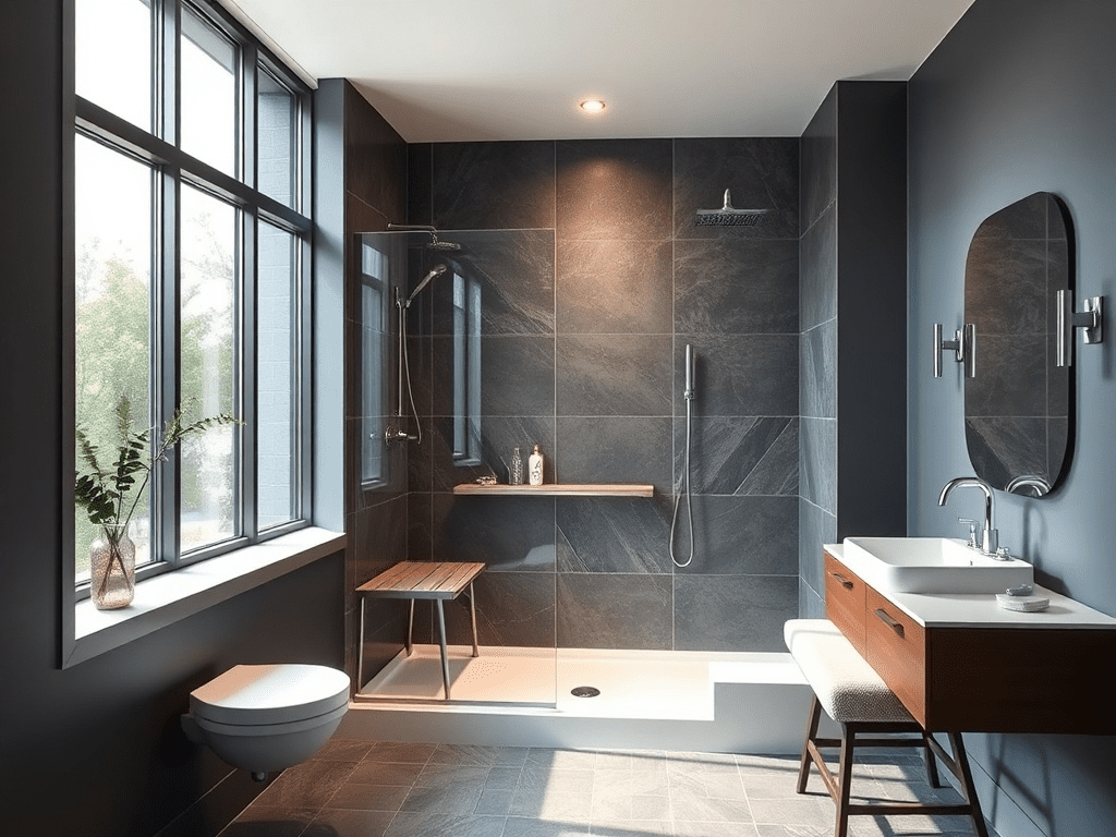 Zero-threshold roll-in shower with adjustable showerhead
