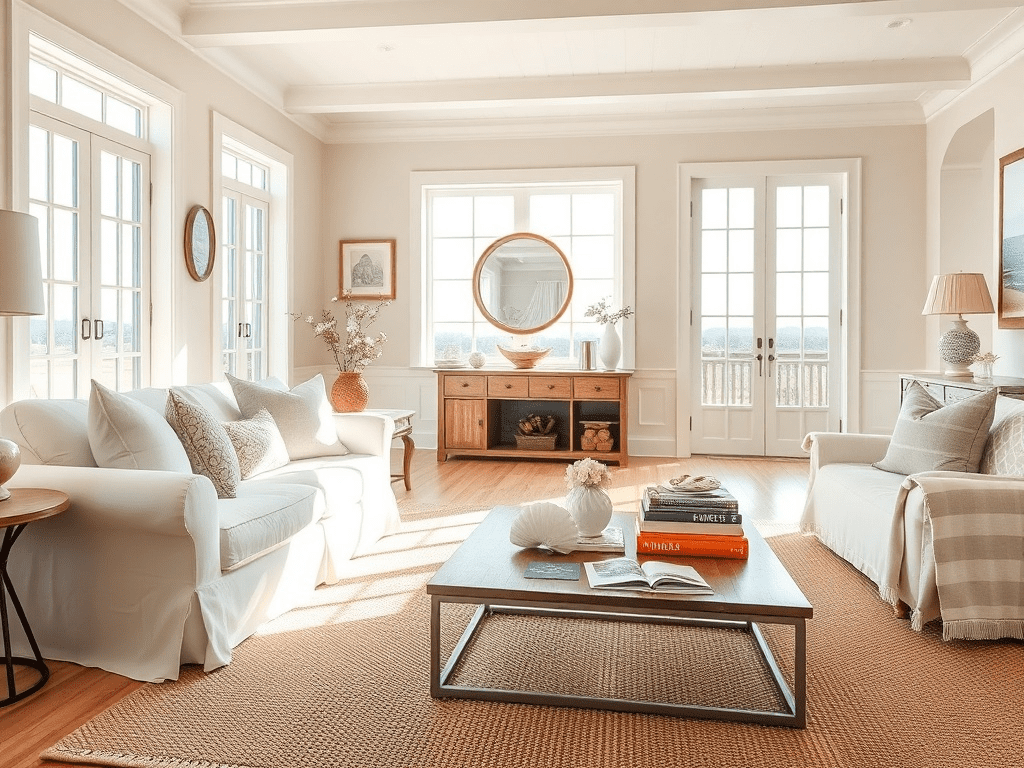 Coastal grandmother style living room with white sofa and natural textures