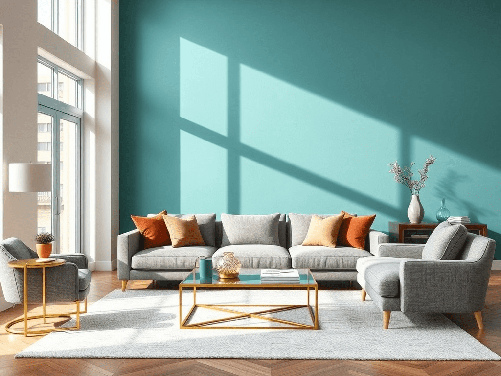 Living room with teal accent wall and modern gray sofa