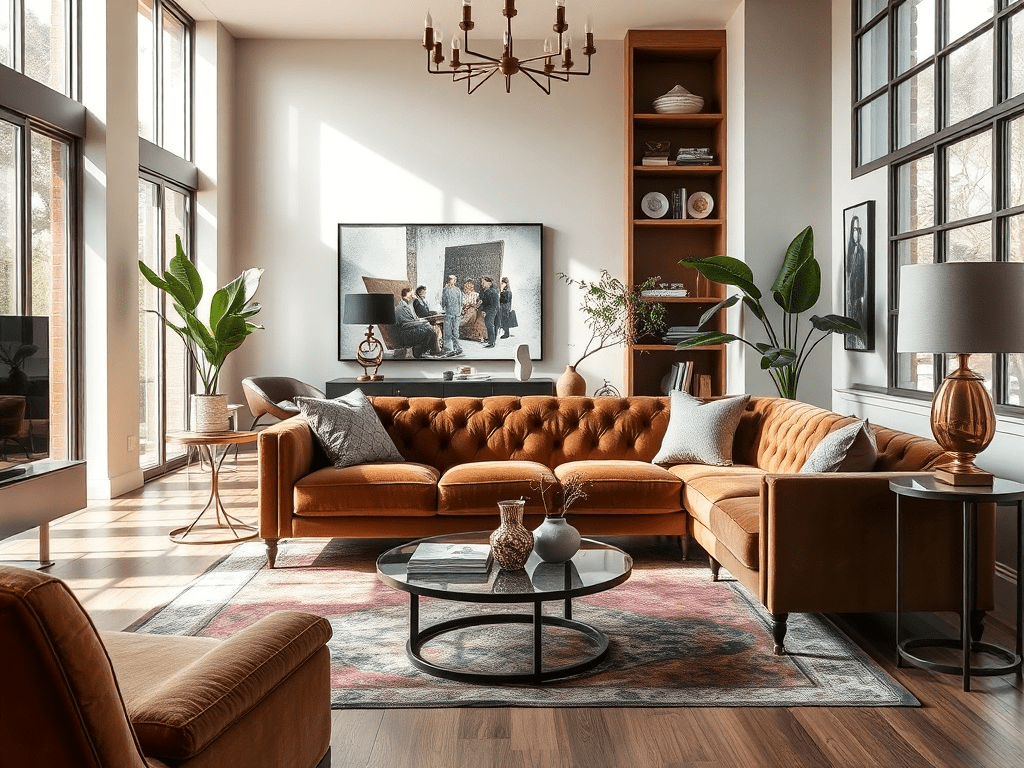 Living room with vintage velvet sofa and jewel-toned accents