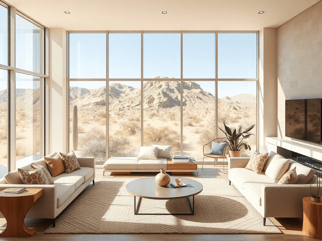 Modern desert living room with beige and cream color palette