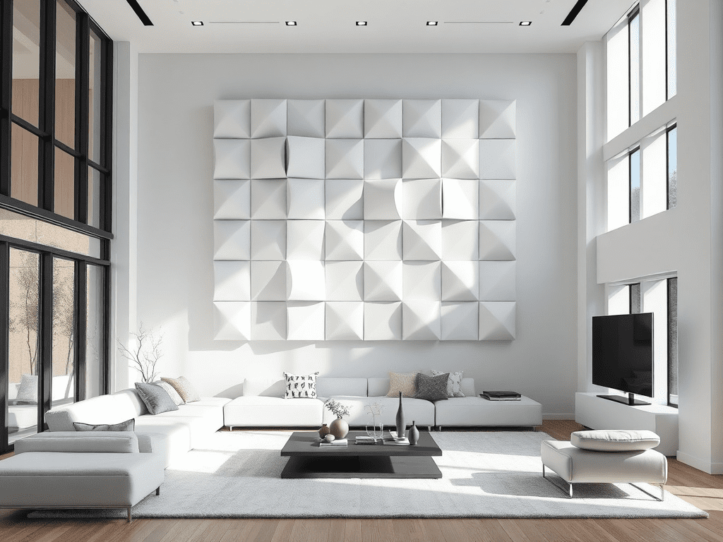 Modern living room with geometric acoustic panel art installation