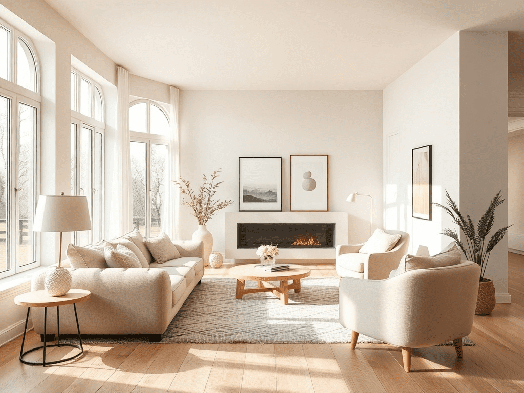 Scandinavian-style living room with soft textures and neutral colors