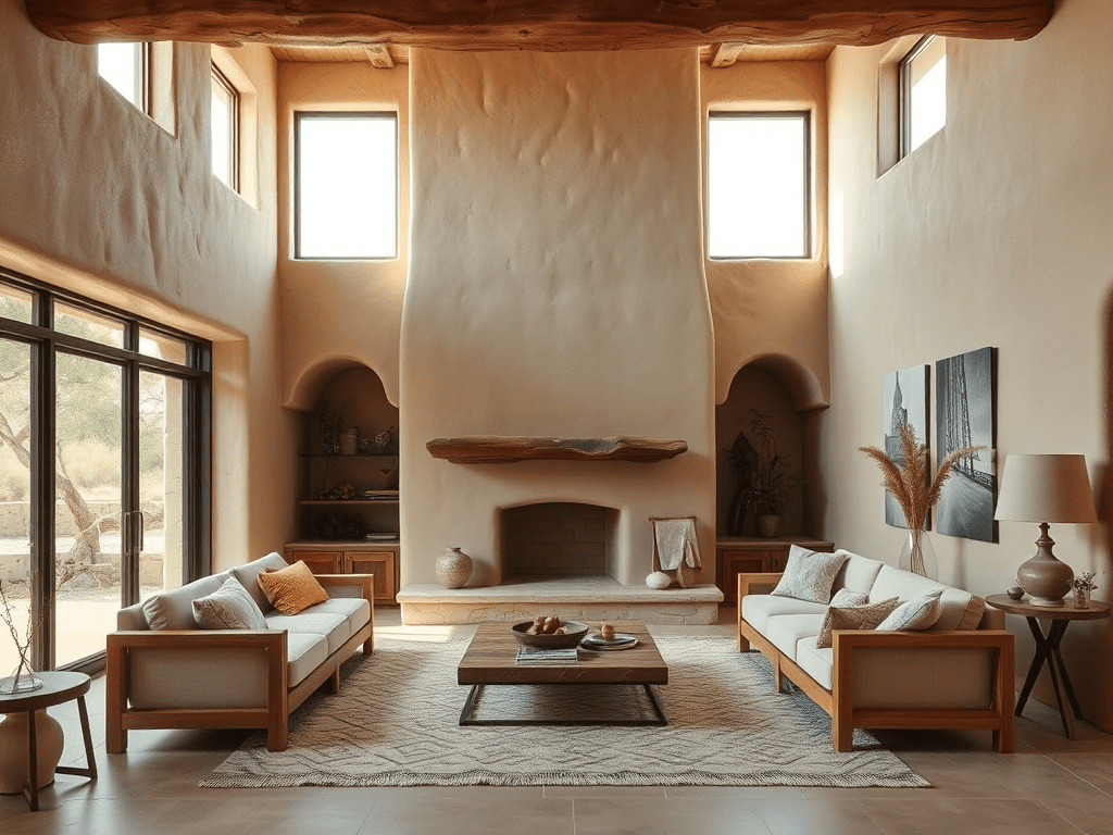 Southwest adobe living room with kiva fireplace and rustic furniture