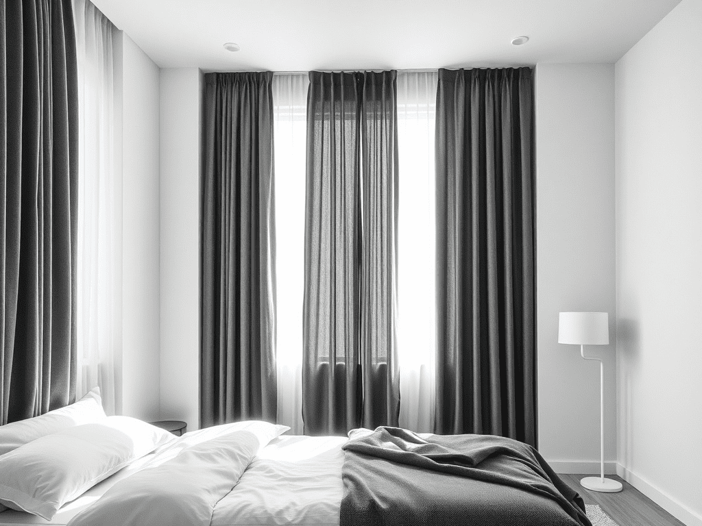 Bedroom with blackout curtains and minimalist design