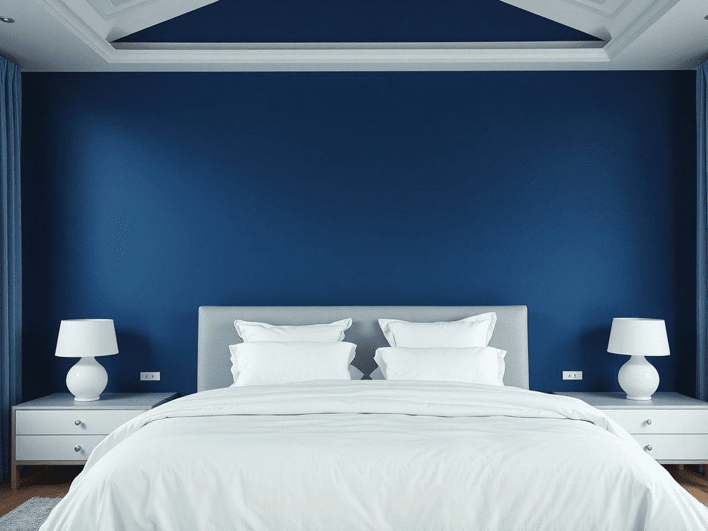 Bedroom with blue accent wall and luxurious white bedding