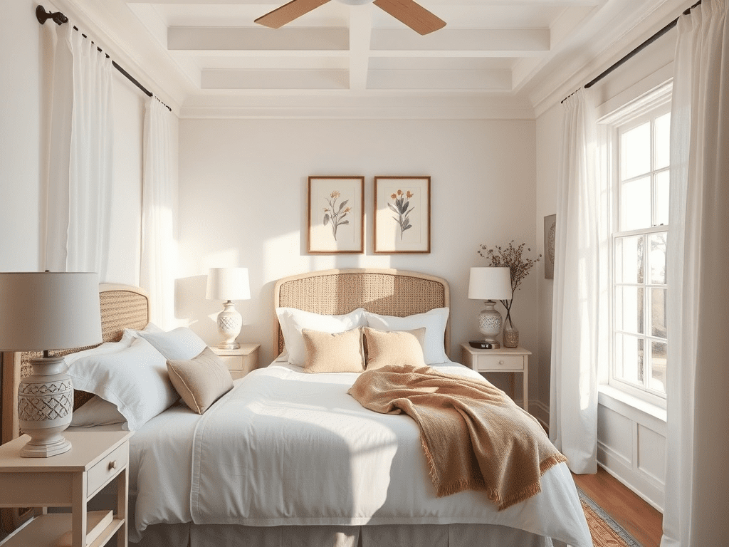 Coastal grandmother bedroom with linen bedding and woven headboard