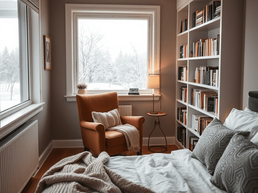 Cozy reading nook with velvet armchair and bookshelves