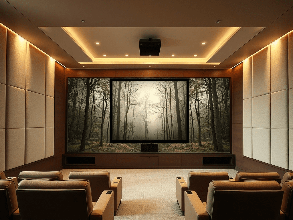 Home theater with nature-themed acoustic panels
