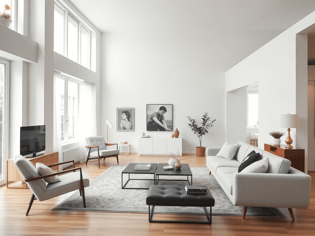 Modern living room with vintage armchair and minimalist decor