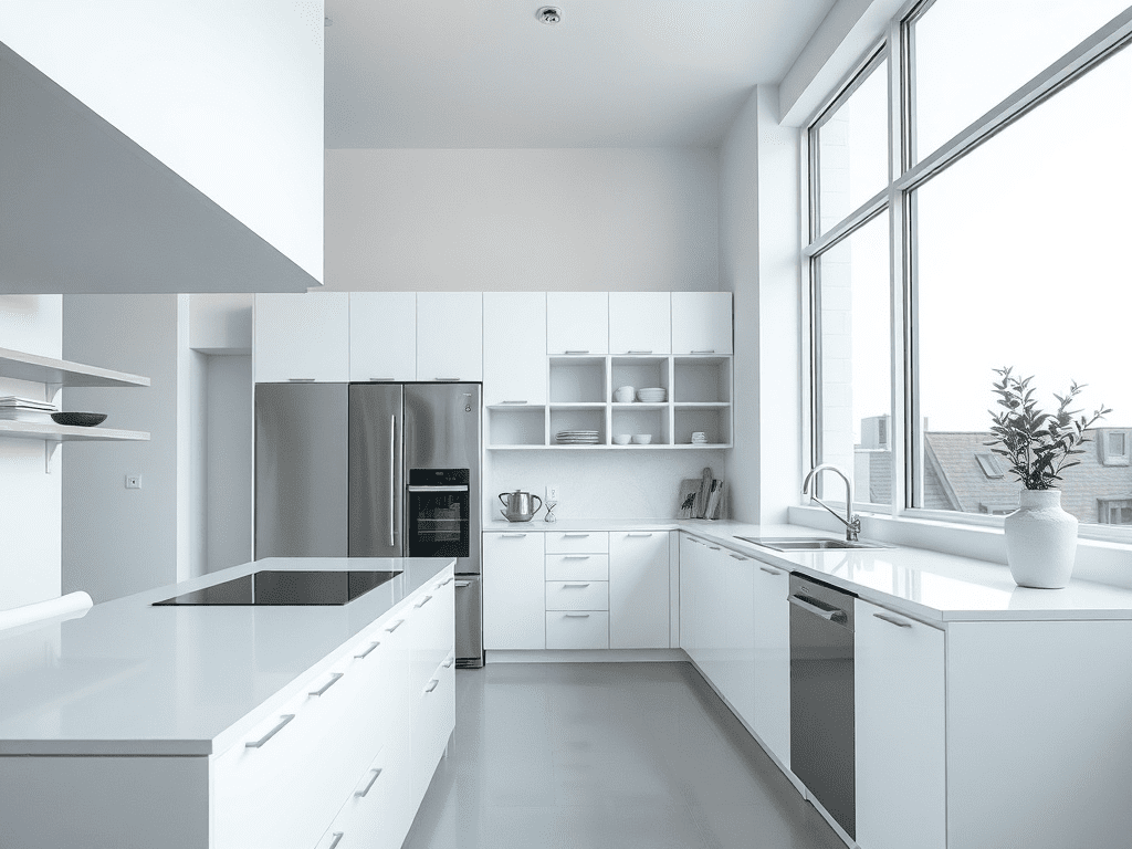 Modern minimalist kitchen with white and gray color scheme