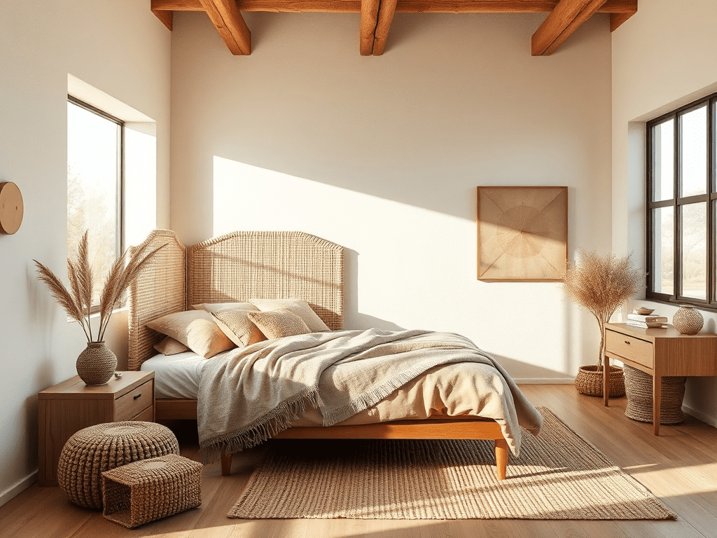 Southwest adobe bedroom with woven headboard and earth tones
