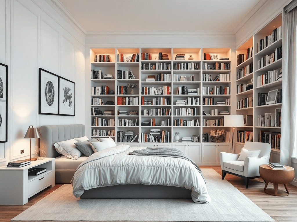 Bedroom with floor-to-ceiling bookshelf and reading nook