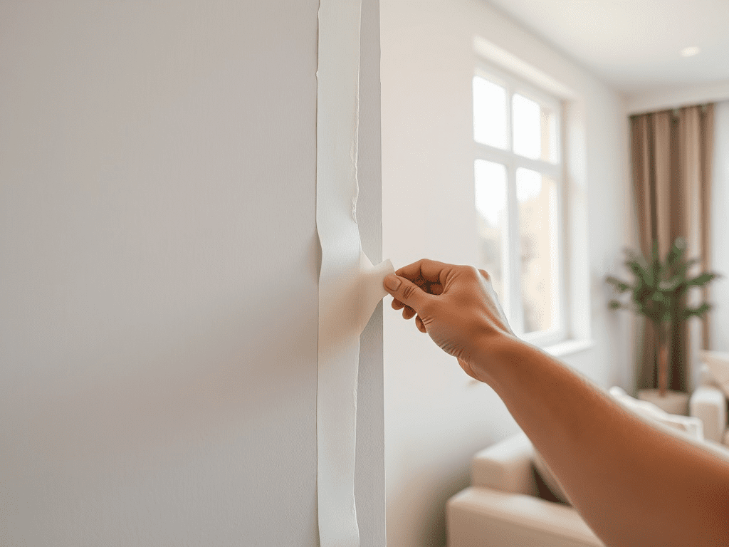 Close-up of painter's tape on a light gray accent wall