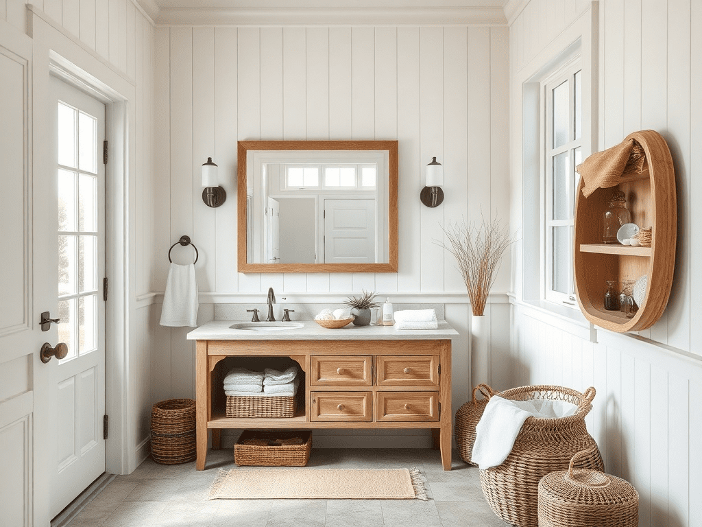 Coastal grandmother bathroom with neutral colors and vintage accents