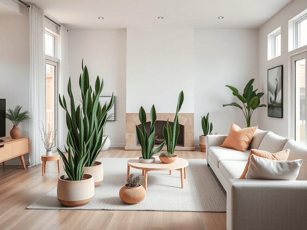 Living room with drought-tolerant plants in decorative pots