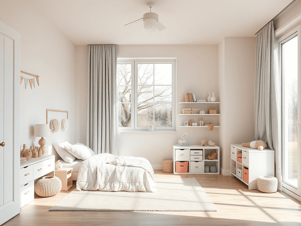 Scandinavian-style child's bedroom with pastel colors and functional storage