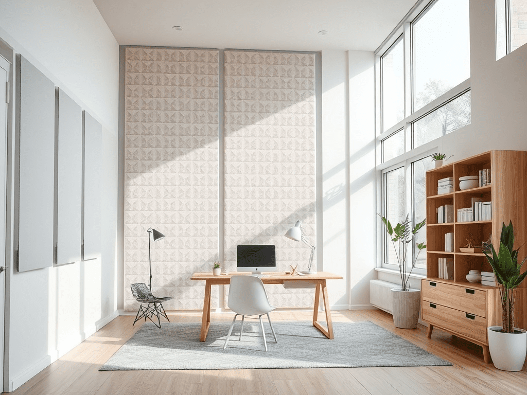 Scandinavian style home office with pastel acoustic panels