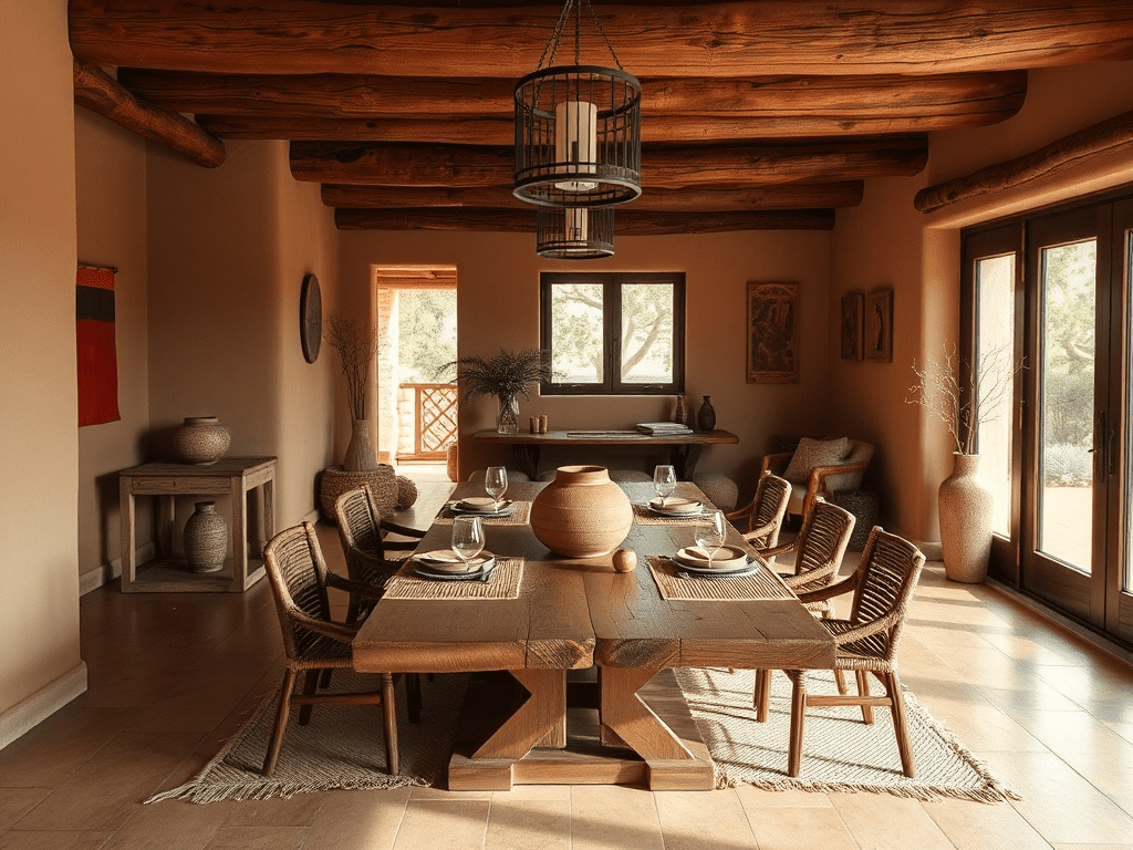Southwest adobe dining room with rustic table and pottery