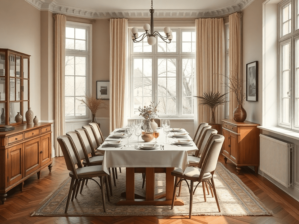 Vintage dining table set for dinner with modern chairs