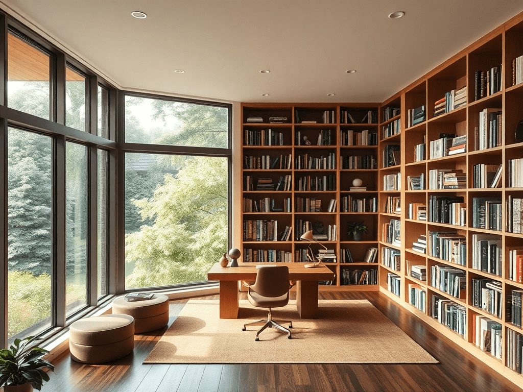 Home library with natural light and wooden desk