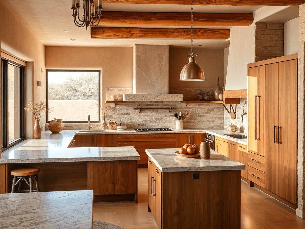 Southwest adobe kitchen with wood cabinets and stone countertops